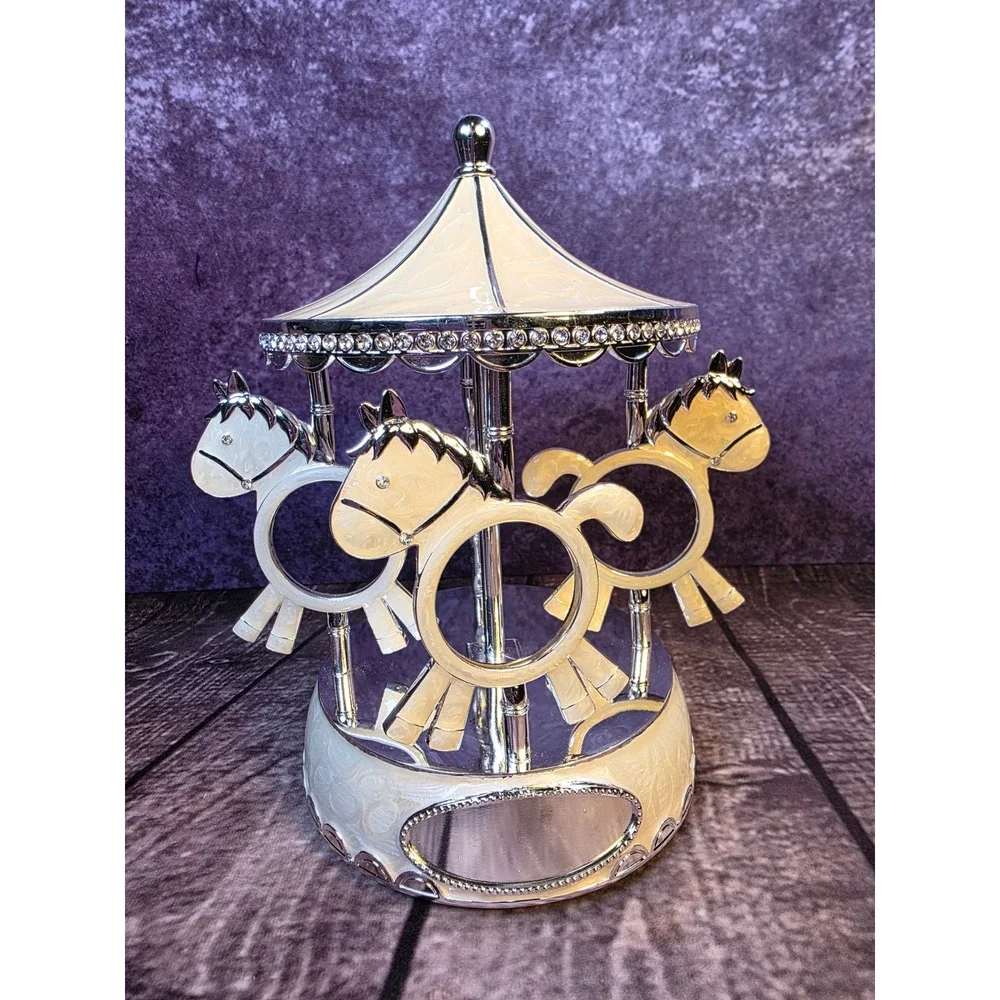 TR Carousel Horse Rotating Multi Photo Frame Silver Cream Enamel Nursery Decor